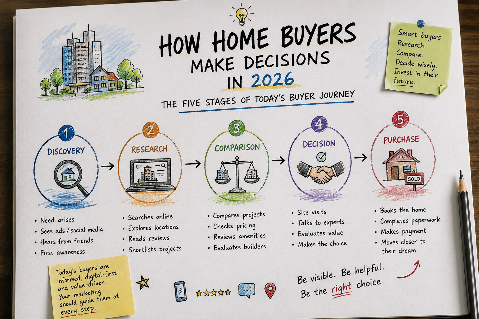 Modern home buyer journey in India showing the five stages from discovery to property purchase in 2026
