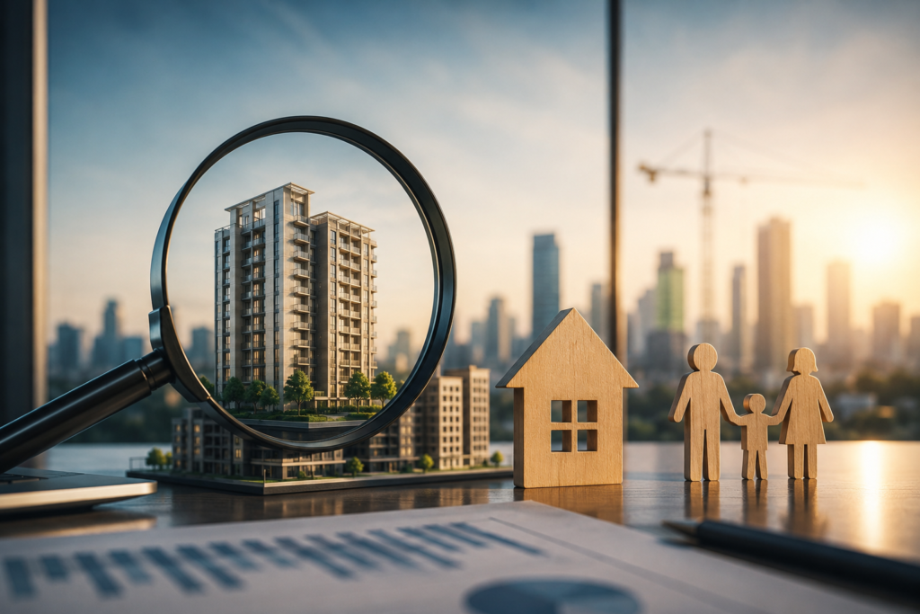 Real estate buyer researching residential projects online before making a home purchase decision